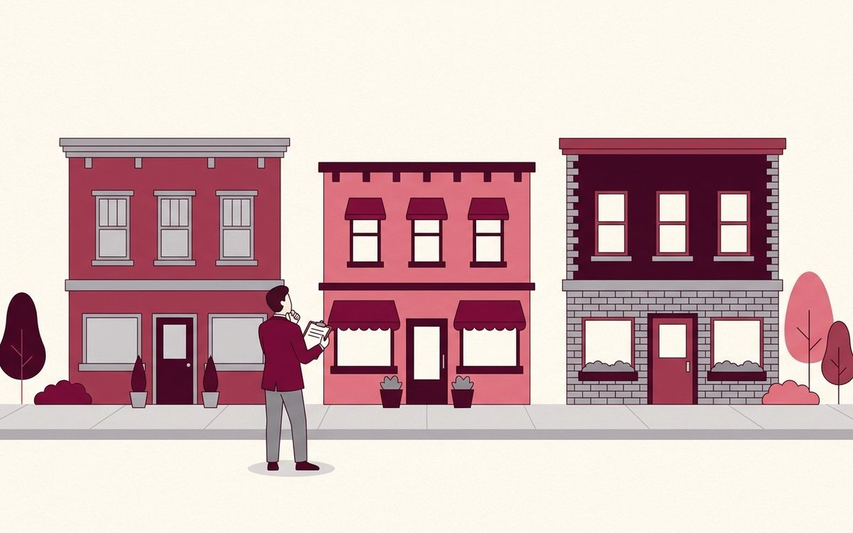 Illustration: three small office building facades side by side on a suburban street, a person with a clipboard comparing them