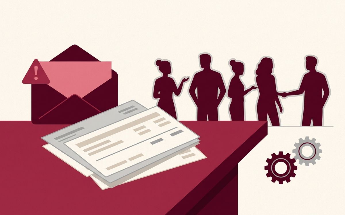Illustration: payroll stubs and a small team of workers' silhouettes, with a warning-red notice envelope