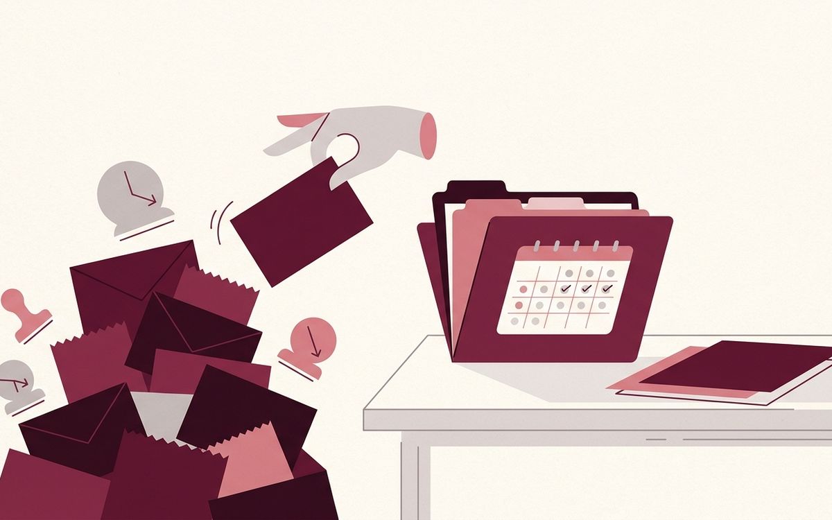 Illustration: a stack of overdue tax notices being sorted into an organised folder with a payment plan schedule