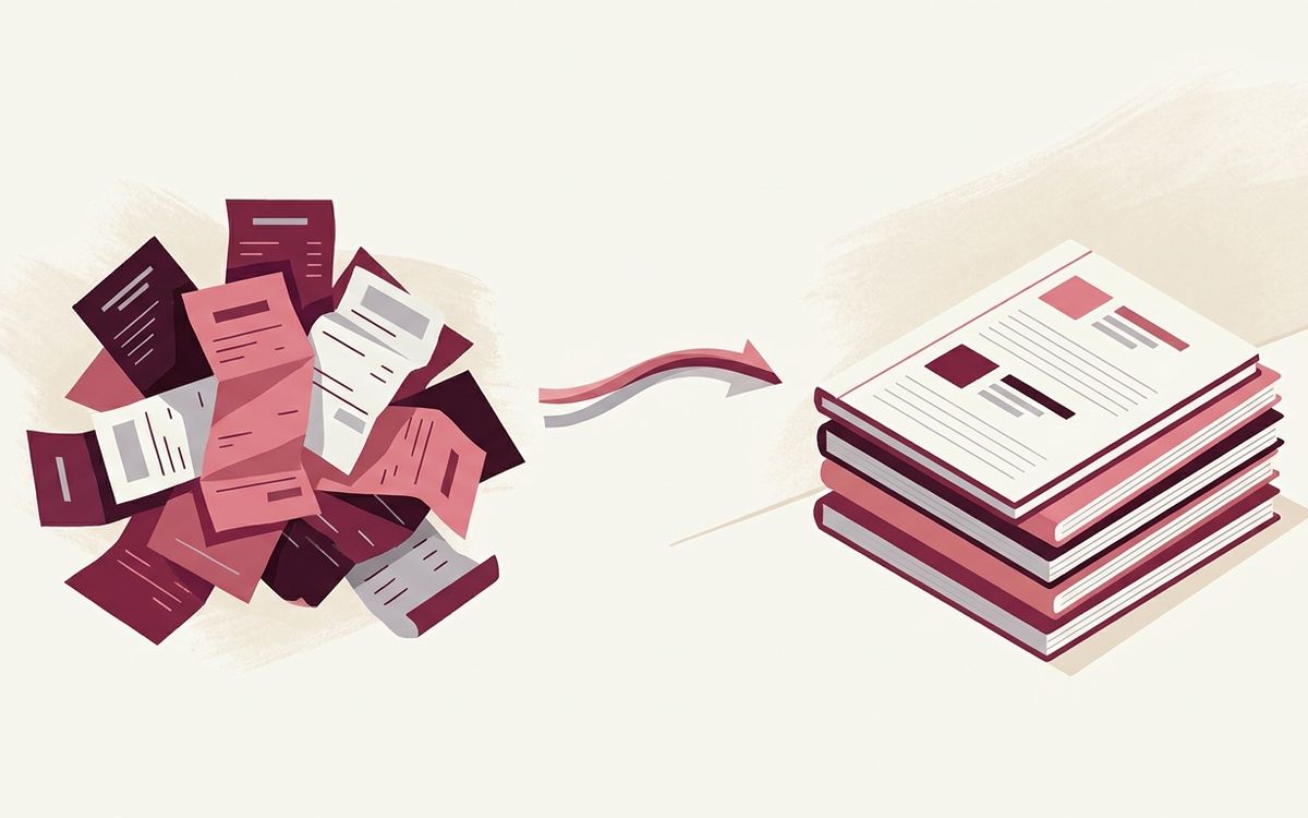 Illustration: a messy pile of receipts being turned into a neat organised ledger