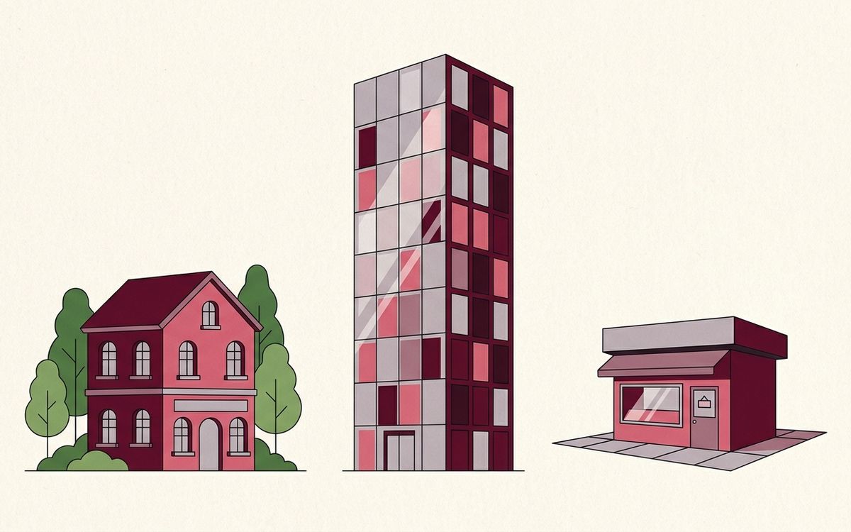 Illustration: a small cosy office building beside a tall glass tower and a retail tax kiosk, drawn as a comparison