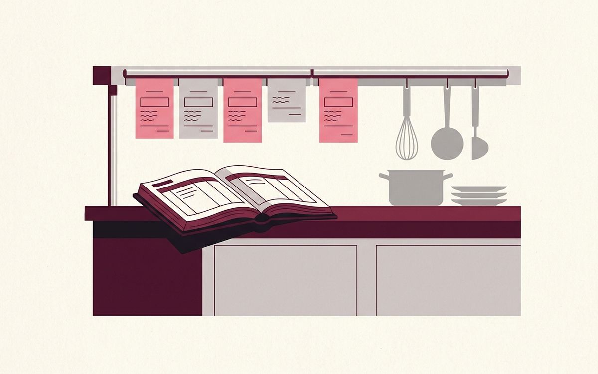 Illustration: a restaurant kitchen pass with order tickets, and an accounting ledger on the counter