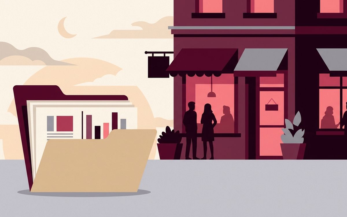 Illustration: a nail salon or pho restaurant storefront at dusk with a folder of business accounts