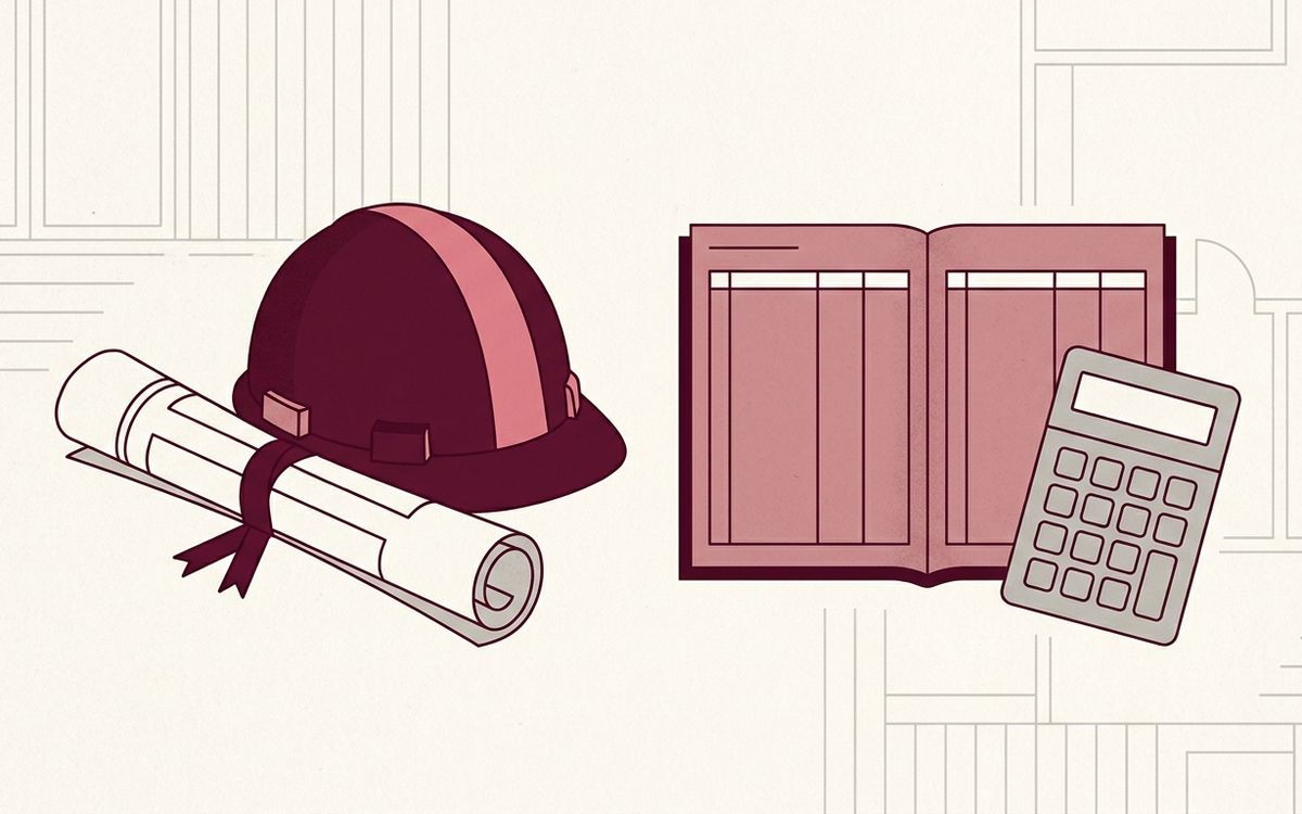 Illustration: a construction hard hat and blueprints next to a job-costing ledger and calculator