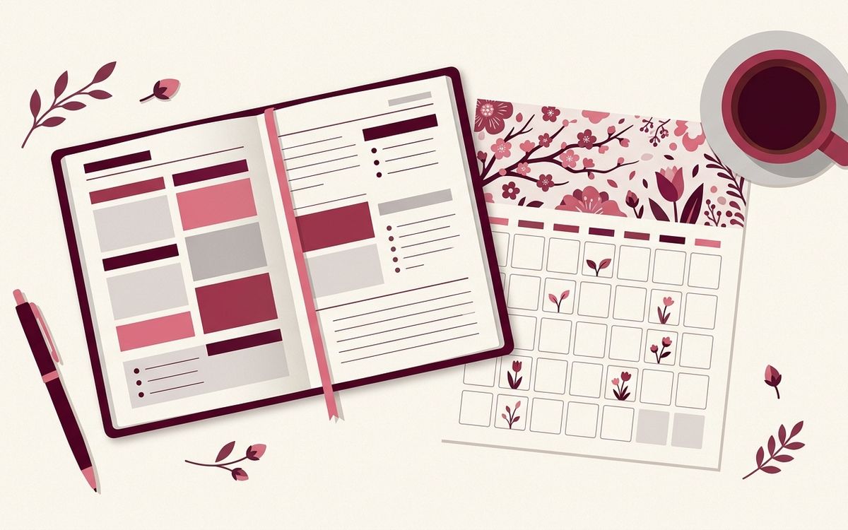 Illustration: an open appointment book with a pen and a calendar page showing early spring, a coffee cup
