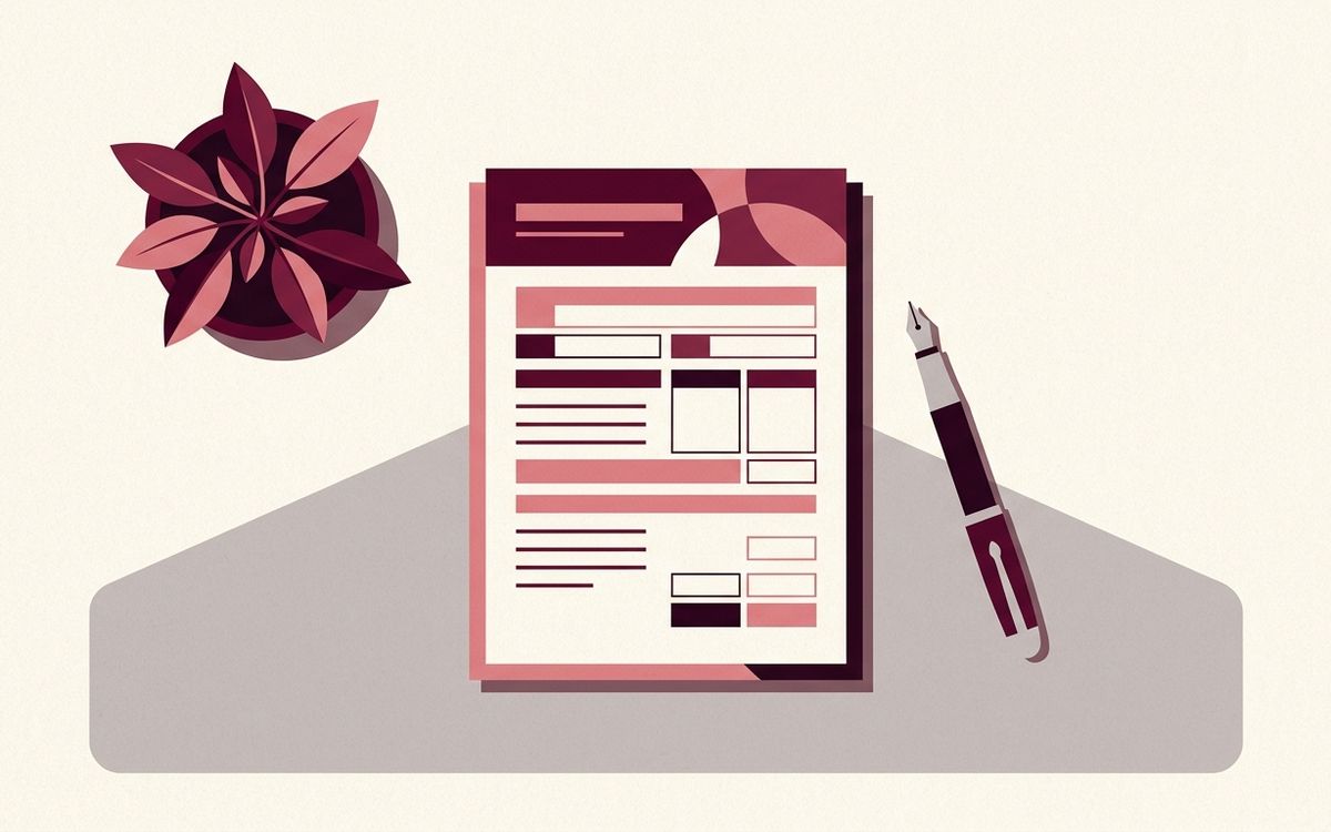 Illustration: an elegant home office desk with a tax planning worksheet, a fountain pen and a small potted plant
