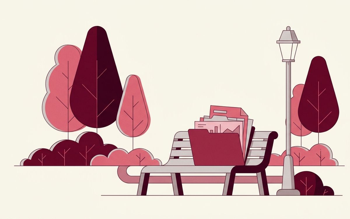 Illustration: a small tidy neighbourhood park with a bench, and a folder of accounting papers resting on it