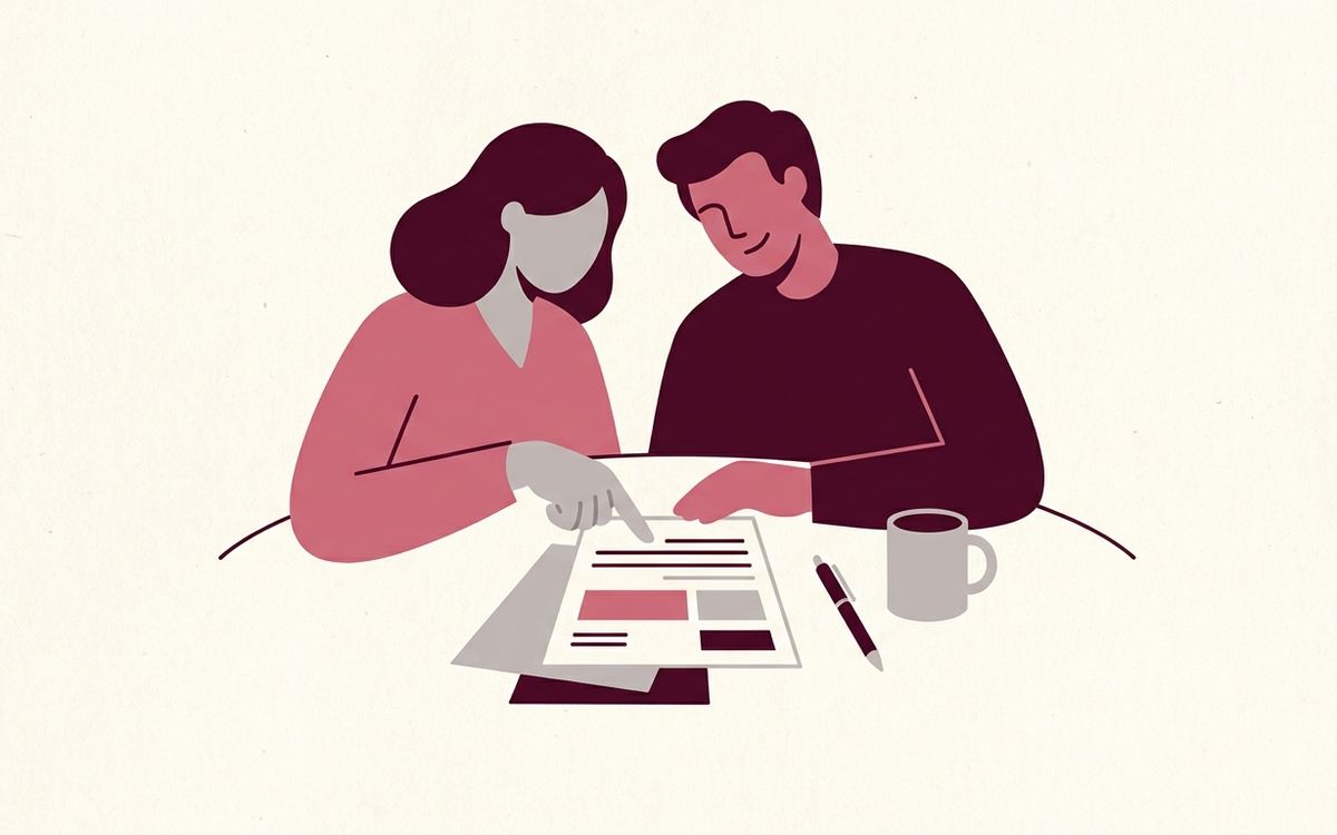 Illustration: two people at a table reviewing tax forms together, one pointing at a line, warm and friendly