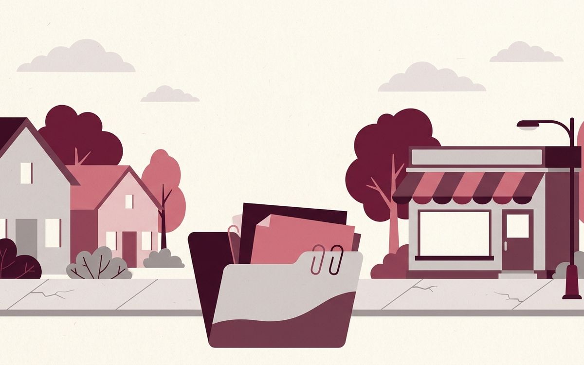 Illustration: a quiet suburban Texas street of family homes and a small business storefront, with a folder of tax papers in the foreground