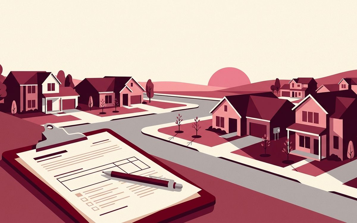 Illustration: a new-build suburban neighbourhood at golden hour, with a clipboard of tax forms in the foreground