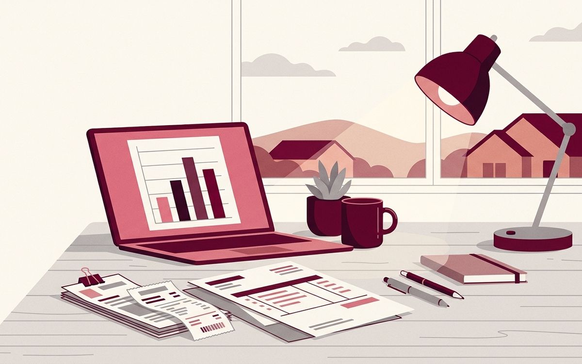Illustration: a small business owner's workbench desk with invoices, a laptop showing a simple bar chart, suburban Texas light
