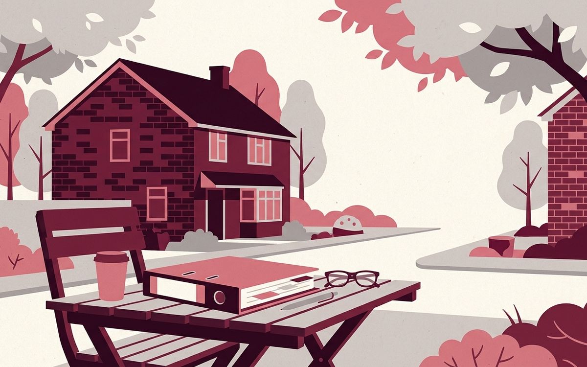 Illustration: a leafy residential street with brick homes and a tax planning binder on a garden table