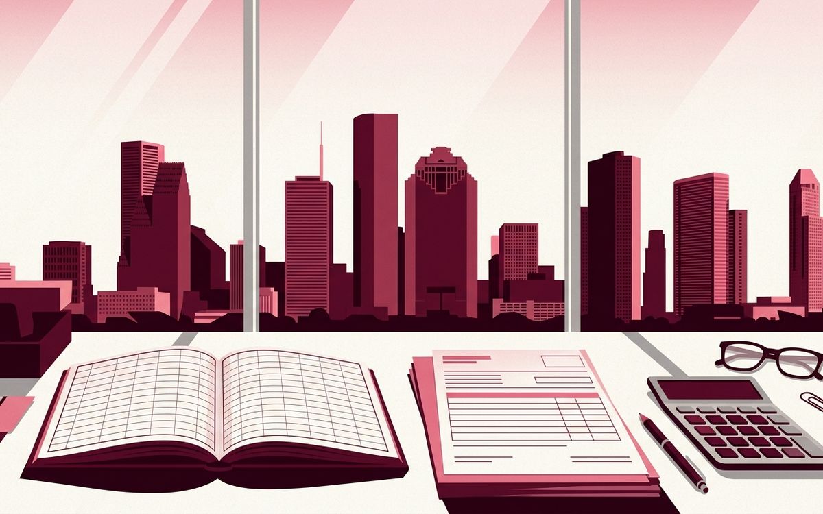 Illustration: the Houston skyline in the distance behind a desk with blank paper forms, a calculator and a ledger