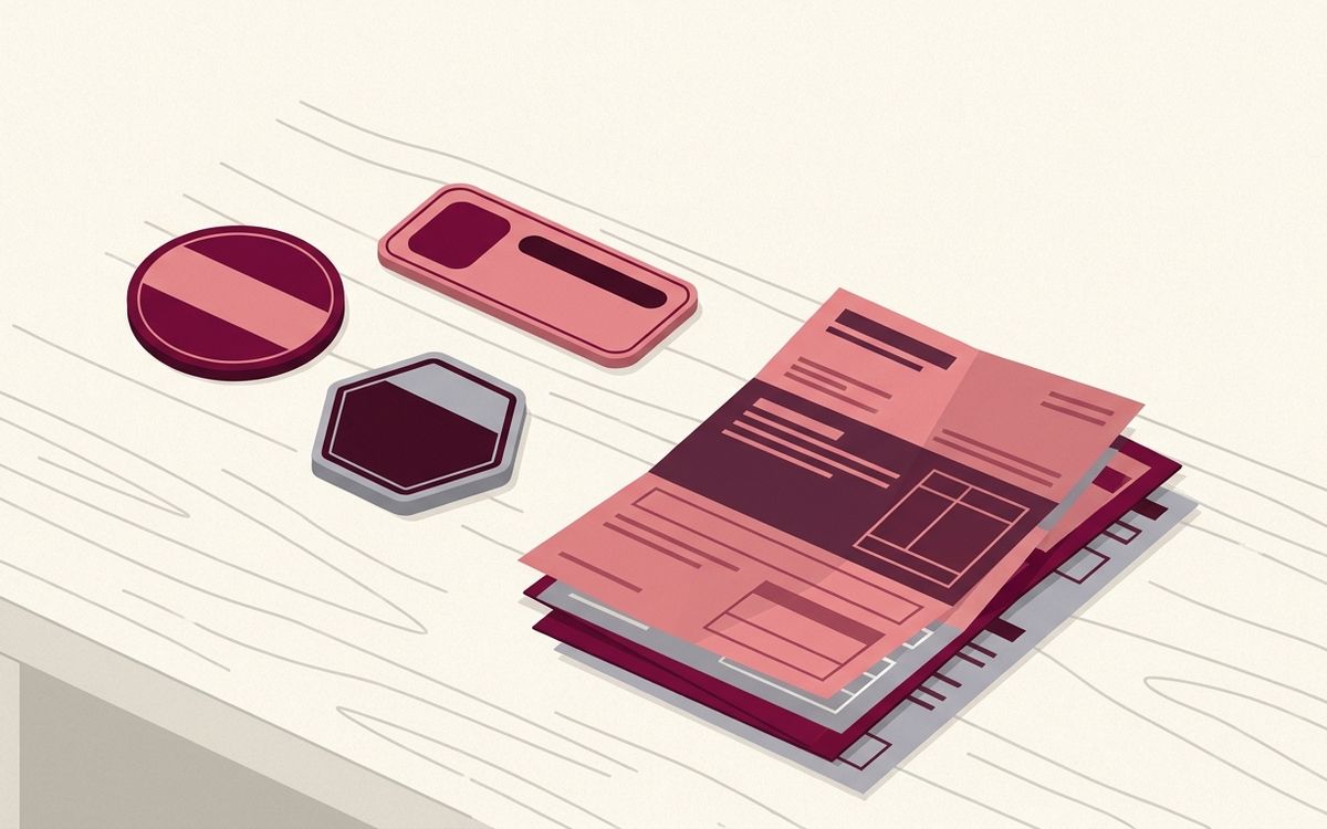 Illustration: three name badges with different shapes on a desk next to a tax return
