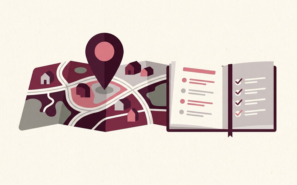 Illustration: a map of a small suburb with a pin, next to a notebook listing questions