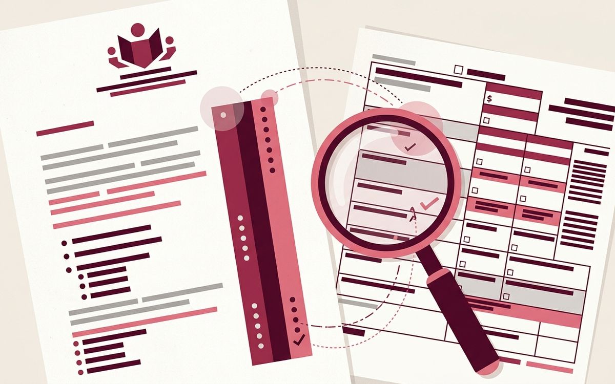 Illustration: an official notice letter with numbered columns under a magnifying glass, matching against a 1099 form