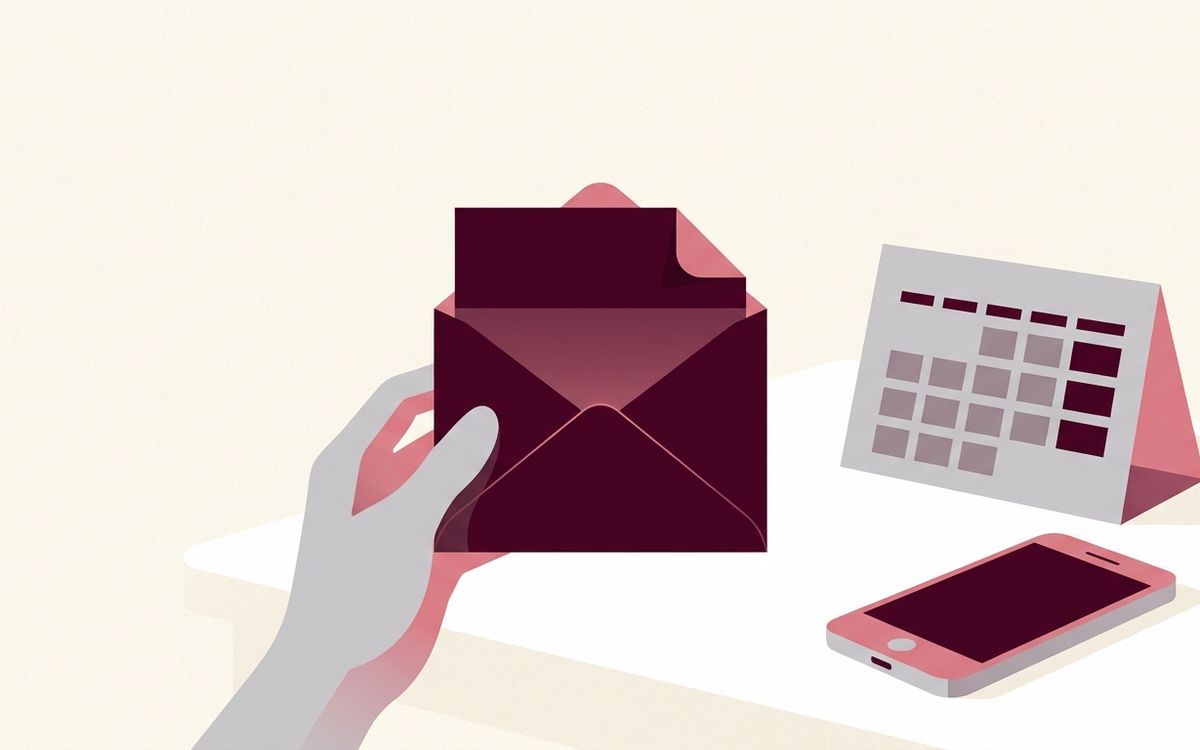 Illustration: a hand holding an opened official government envelope with a folded letter, a desk calendar and a phone beside it