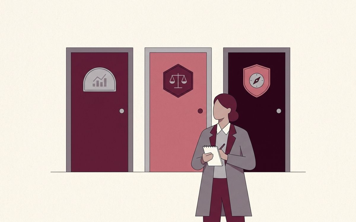 Illustration: three different doors side by side, each with a different sign shape, a person weighing the choice