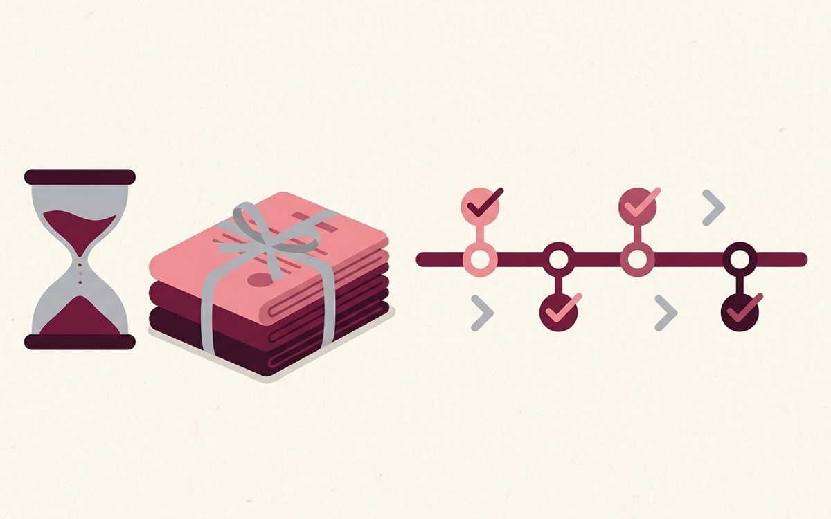 Illustration: an hourglass beside a stack of official letters and a timeline chart with milestones