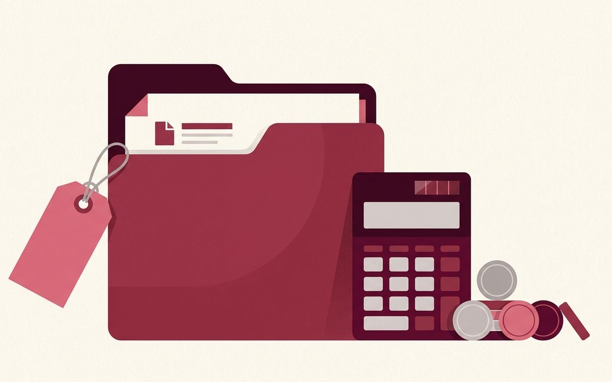 Illustration: a price tag attached to a folder of tax documents beside a calculator and coins