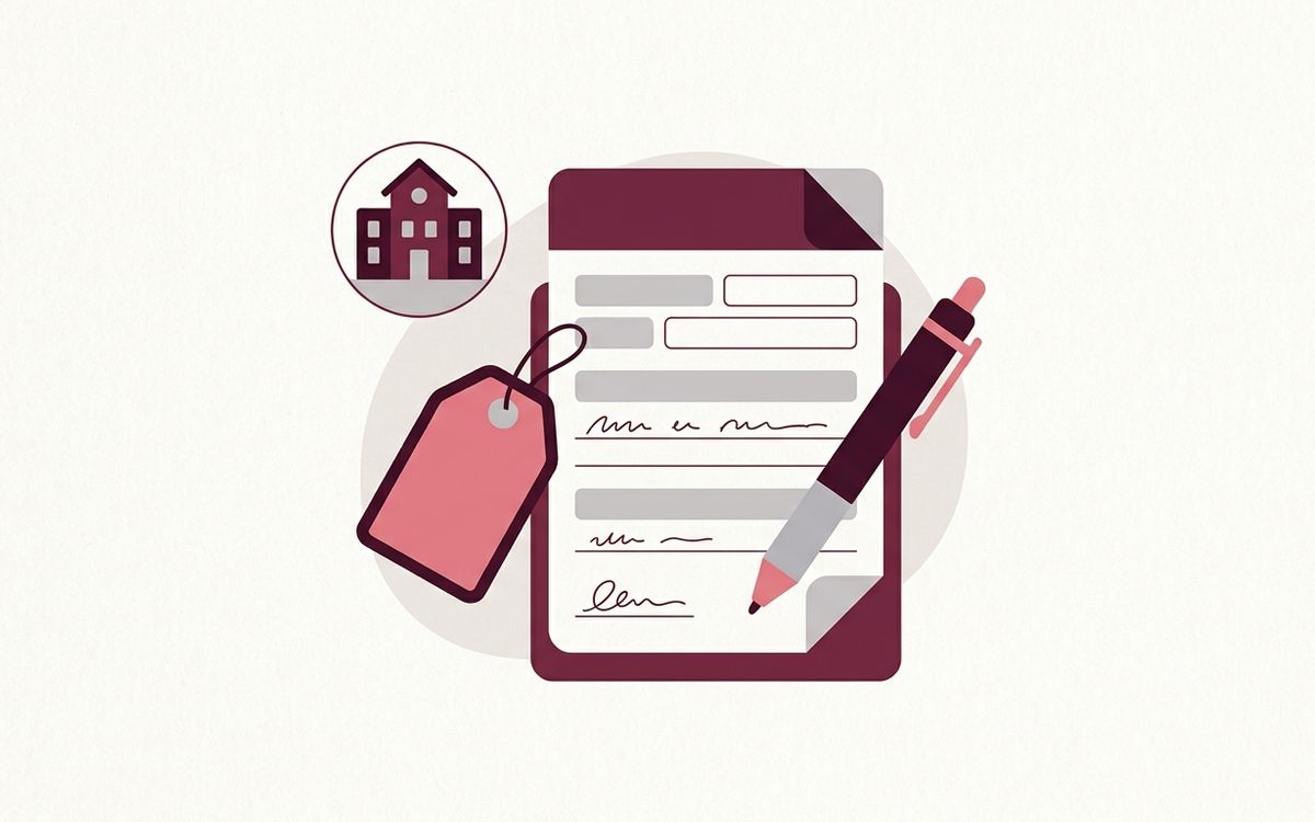 Illustration: an incorporation form with a price tag and a pen, a small building icon