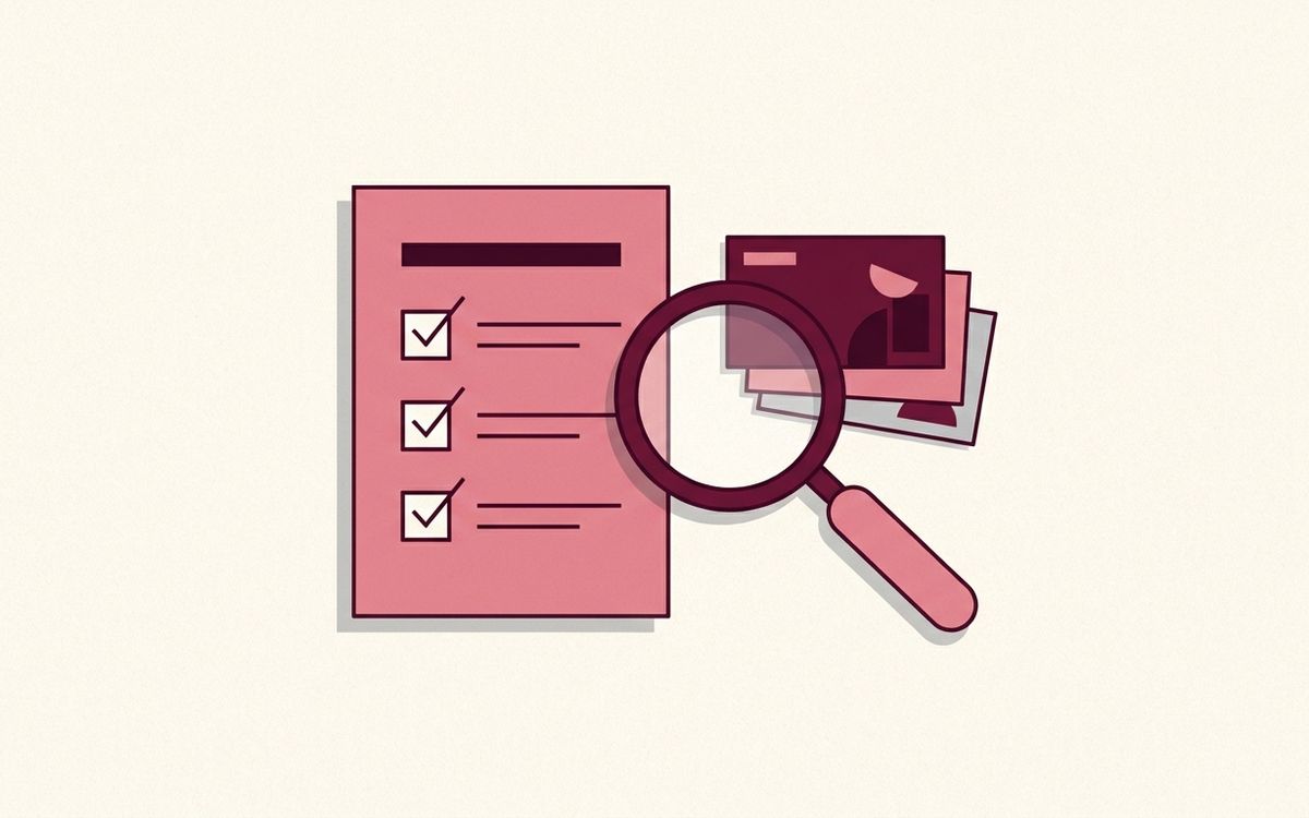 Illustration: a checklist with ticked boxes beside a magnifying glass and business cards