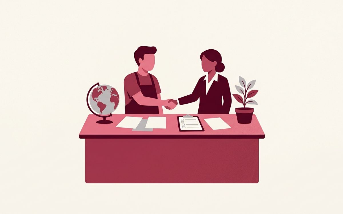 Illustration: centered composition: a small family-owned shop counter with a globe, a potted plant and a blank checklist, two friendly figures shaking hands across the counter, all papers blank
