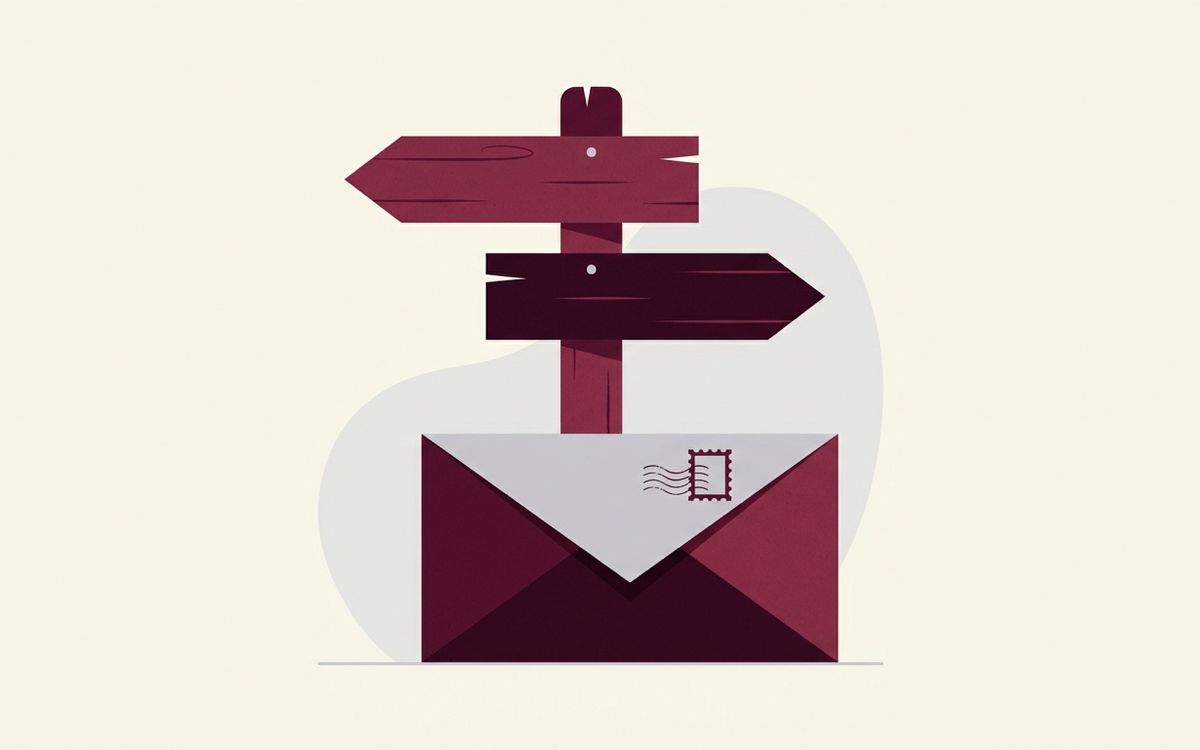 Illustration: two signposts pointing different directions over an official IRS-style envelope