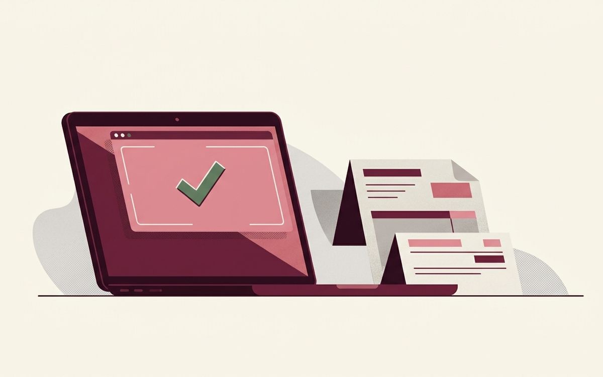 Illustration: a laptop showing a green confirmation tick next to a printed tax return