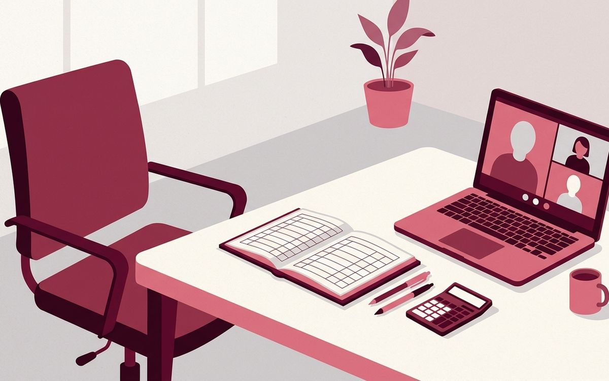 Illustration: an office desk with an empty chair on one side and a video call laptop on the other, ledger between
