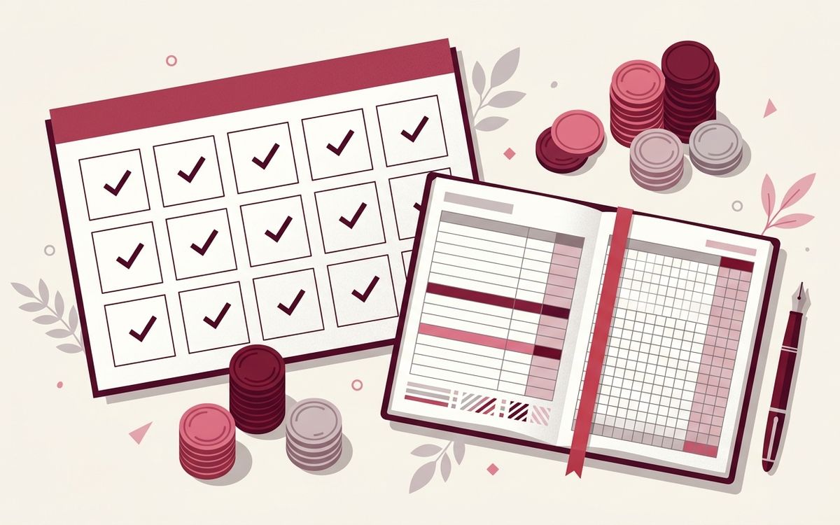 Illustration: a monthly calendar with each month ticked, a ledger and coins