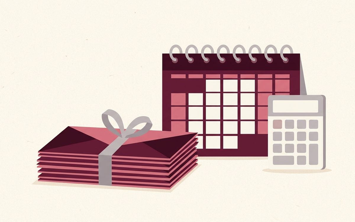 Illustration: a stack of pay envelopes and a payroll calendar with a calculator