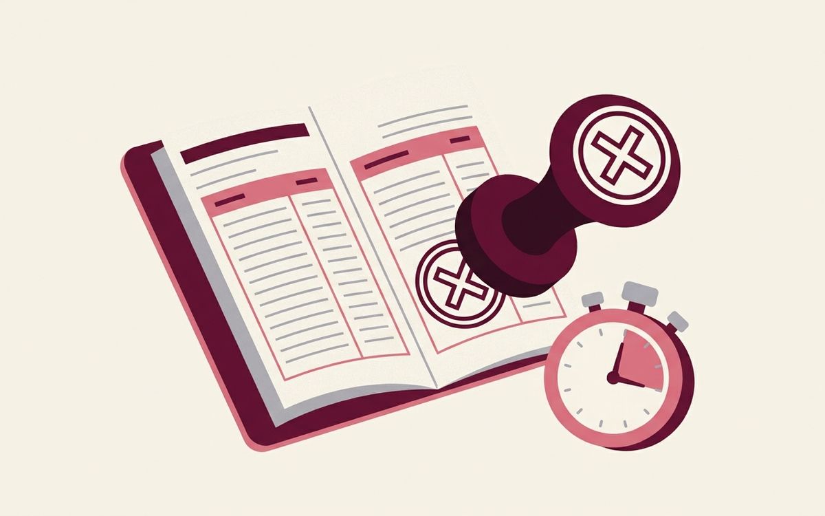 Illustration: a payroll ledger with a red penalty stamp and a stopwatch
