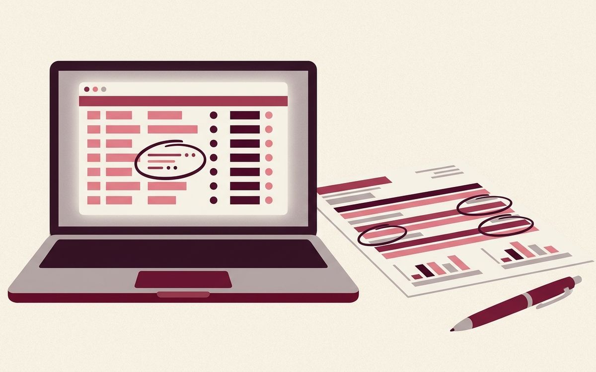 Illustration: a laptop showing a ledger and a paper bank statement side by side with a few mismatched lines circled