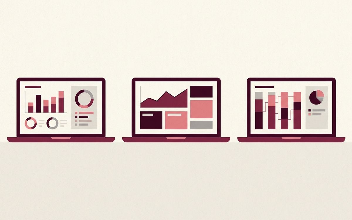 Illustration: three laptop screens side by side showing different generic accounting dashboards (no logos)