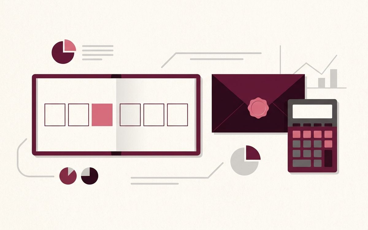 Illustration: a weekly planner with one week highlighted, an official envelope and a calculator