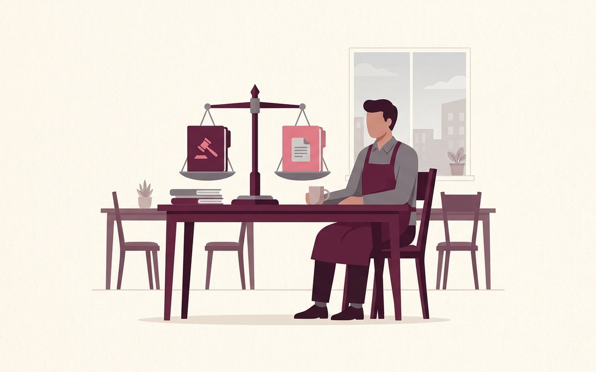 Illustration: a restaurant owner at a quiet closed dining room table weighing two folders, one marked with a gavel icon