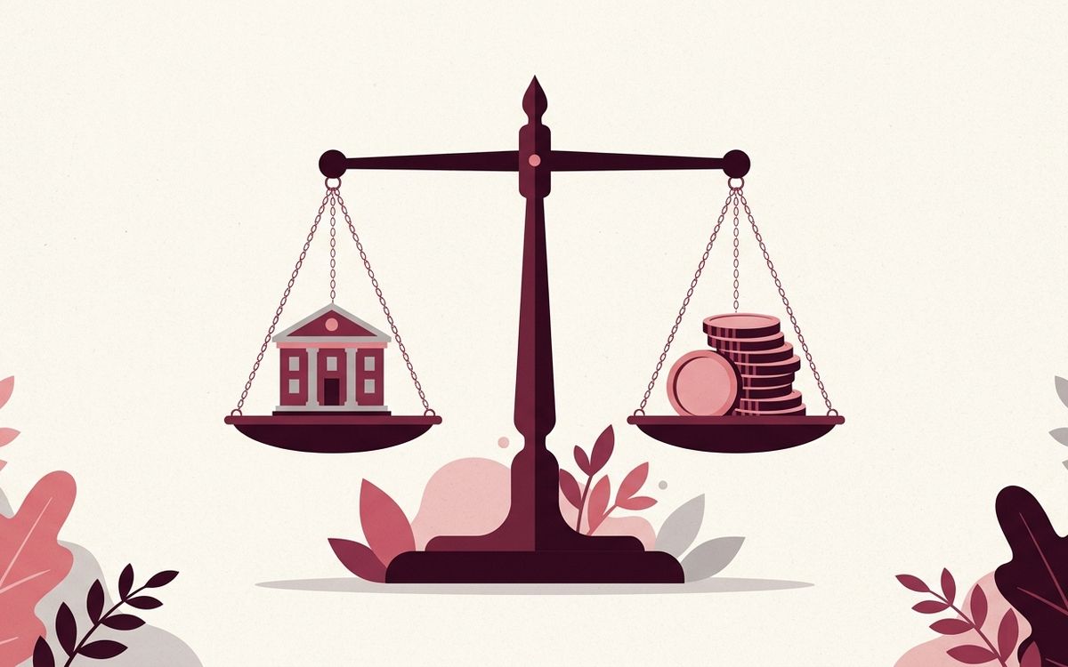 Illustration: a set of scales balancing a small building icon against a stack of coins