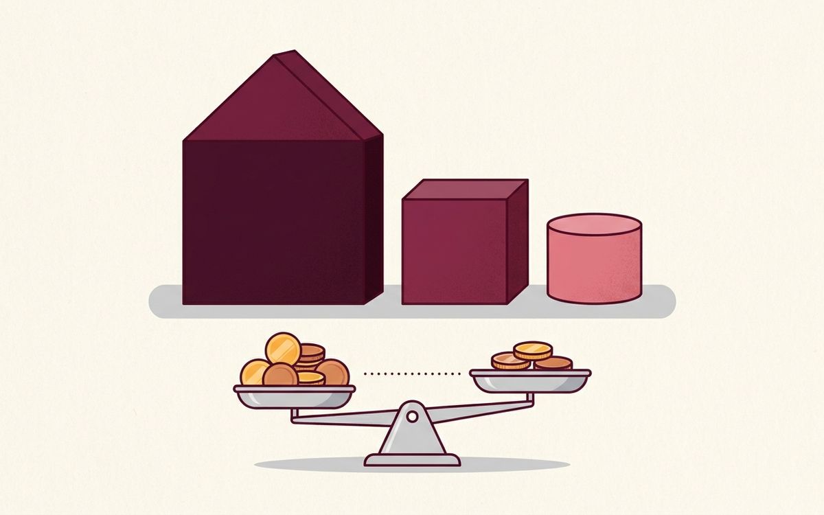 Illustration: three different sized building blocks labelled only by shape, with a scale comparing tax coins