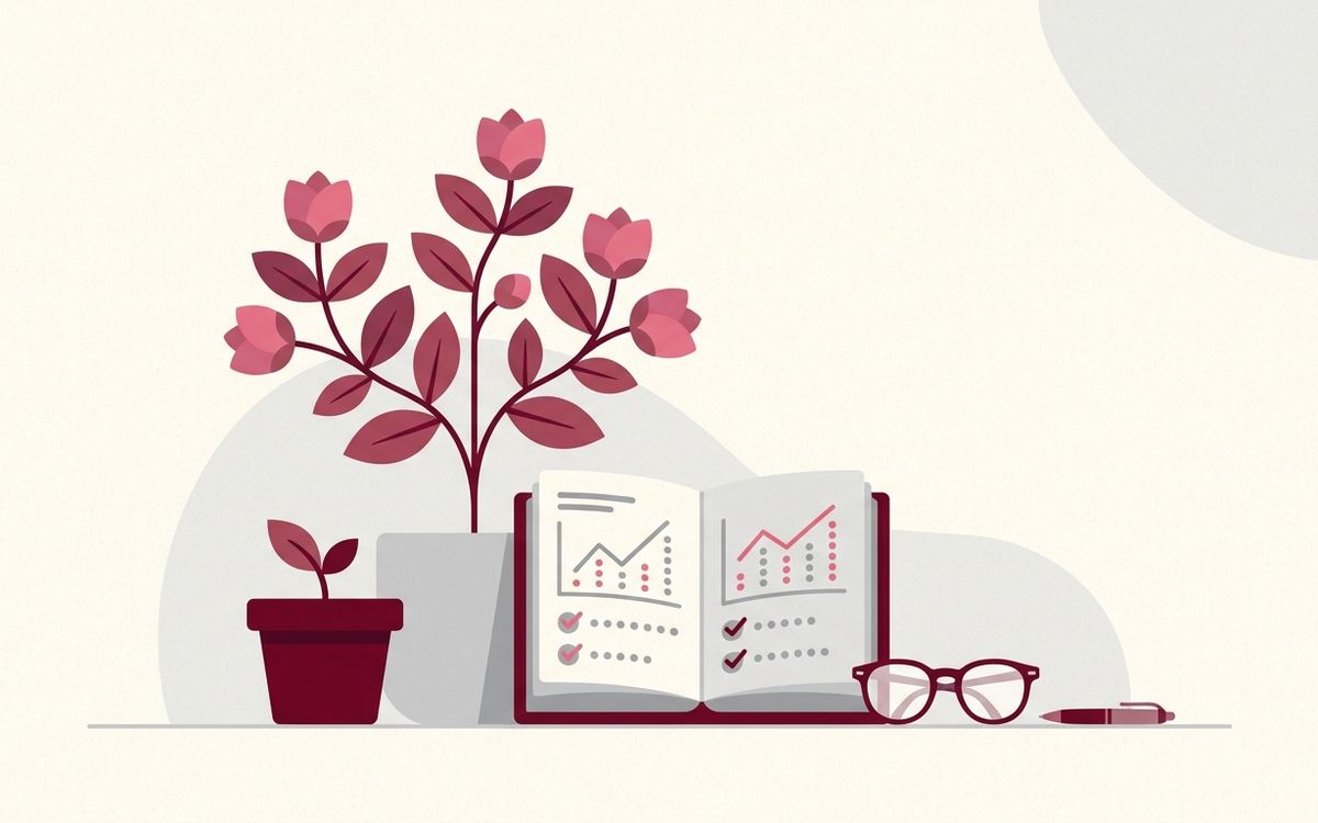 Illustration: a growing plant in stages next to a small business ledger, suggesting growth milestones