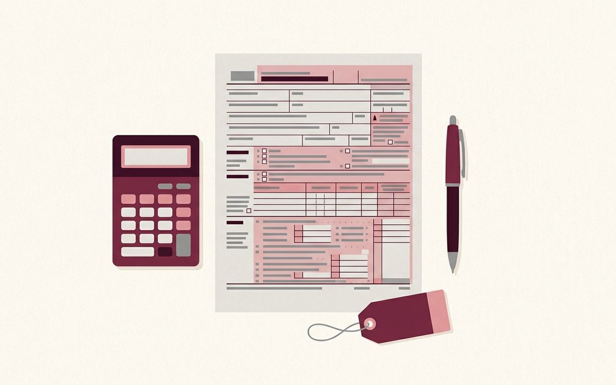 Illustration: a tax return form with a price tag, a calculator and a pen