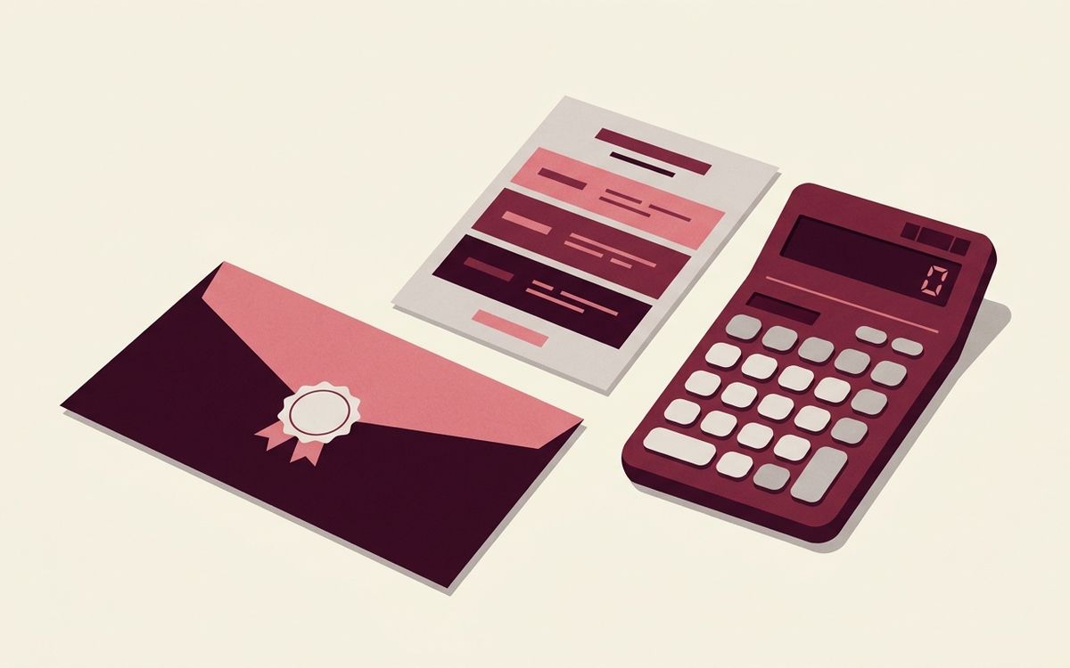 Illustration: an official notice envelope beside a tiered price card and a calculator