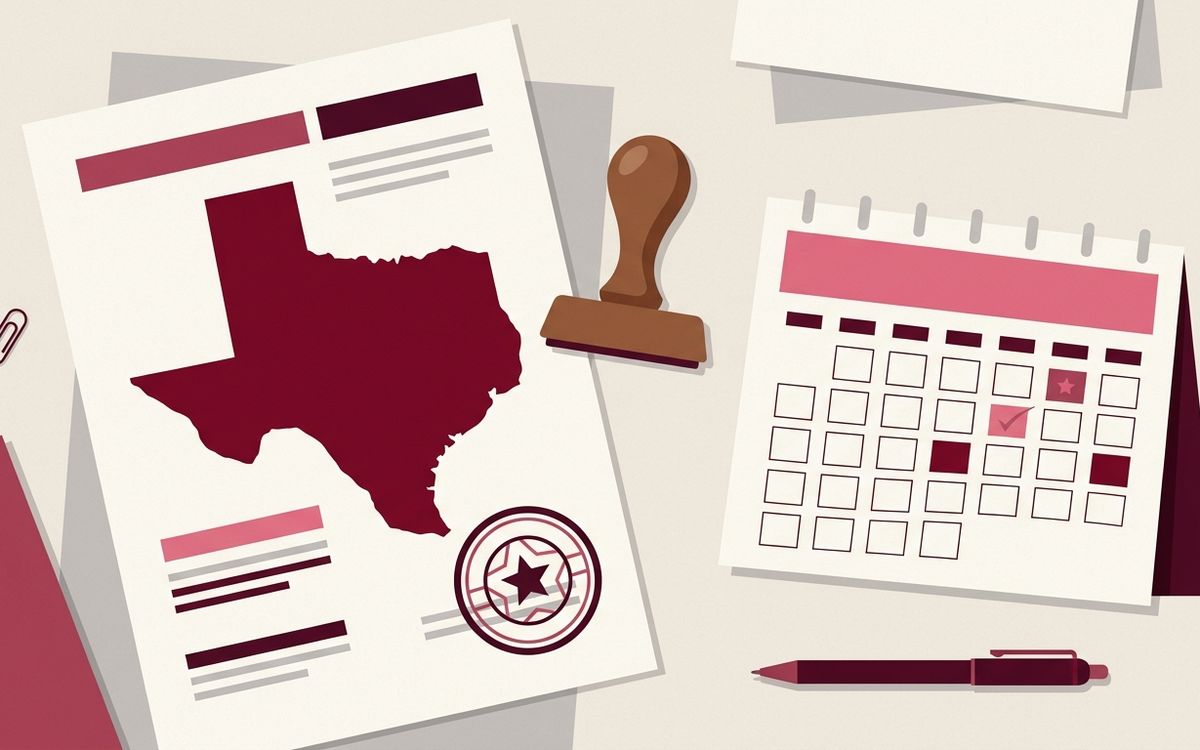 Illustration: a Texas state outline shape on a document with a stamp and a calendar showing May