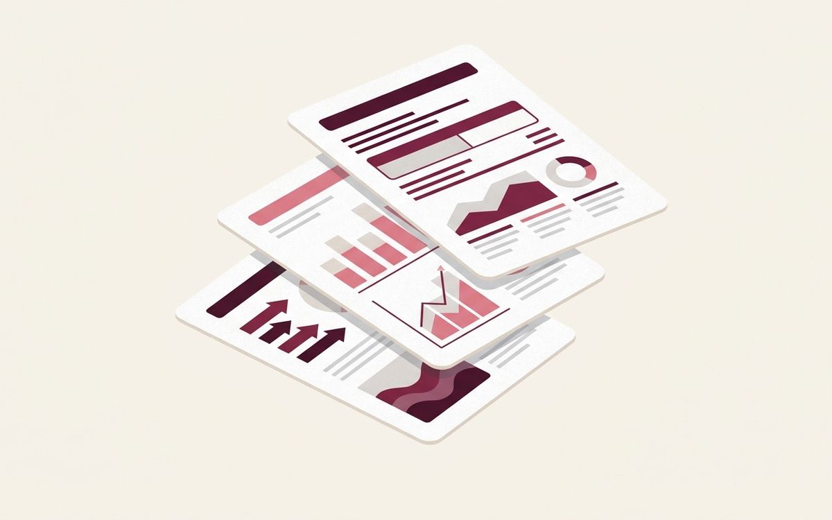 Illustration: three printed financial reports fanned out: a profit and loss, a balance sheet and a cash flow chart