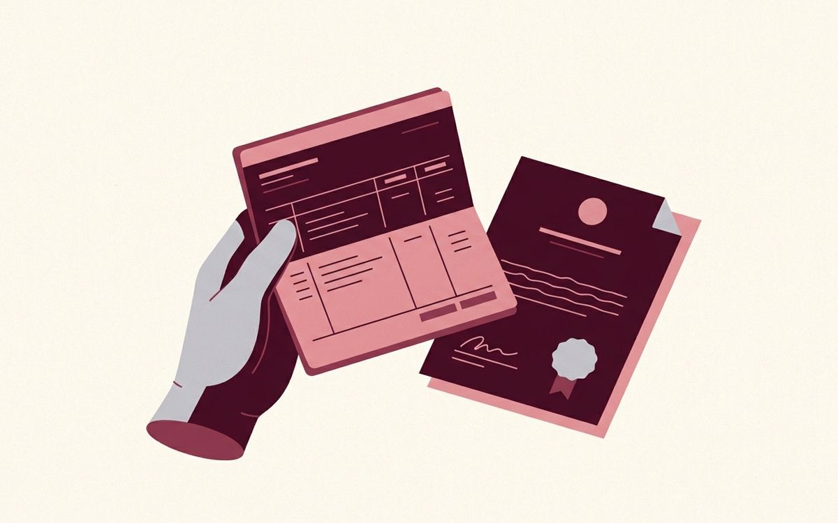 Illustration: a payroll ledger held in a protective hand with an official notice nearby