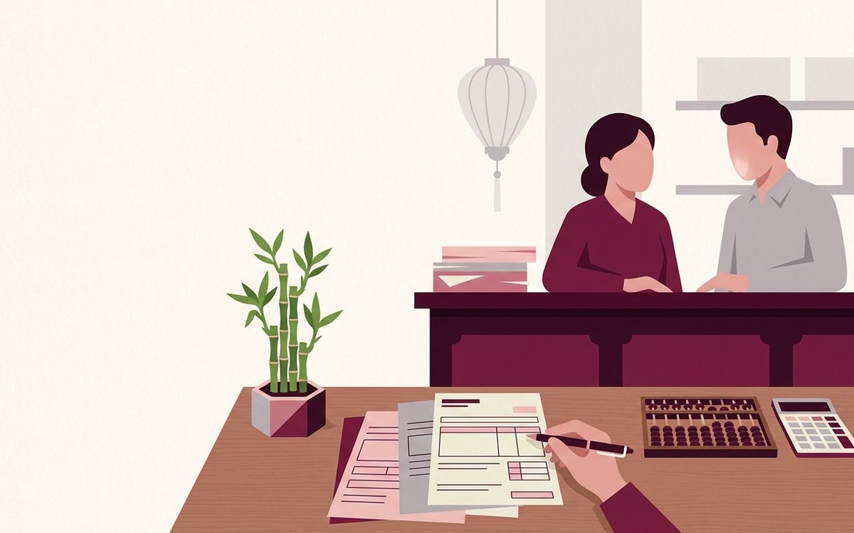 Illustration: a Vietnamese family-run shop counter with a small lucky plant, and tax forms being filled in
