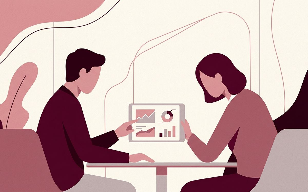 Illustration: an advisor and business owner reviewing a year-ahead tax plan on a tablet