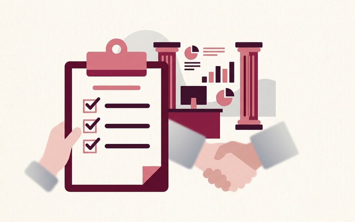 Illustration: a welcome checklist on a clipboard with the first items ticked, a handshake in soft focus