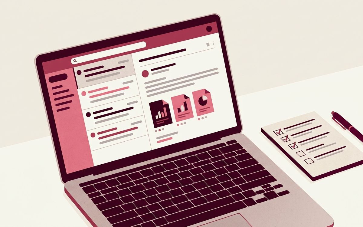 Illustration: an email inbox on a laptop with monthly report attachments and a checklist