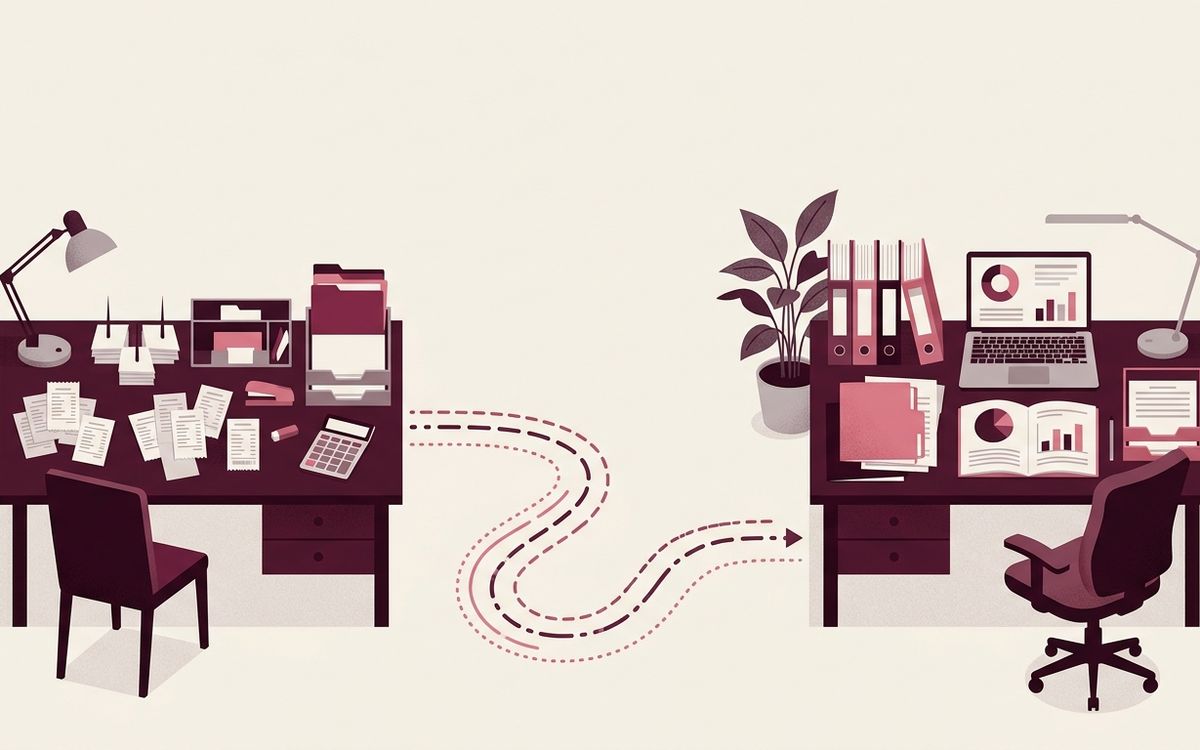 Illustration: two desks: a bookkeeper's with receipts and a CPA's with a tax plan, a path between them